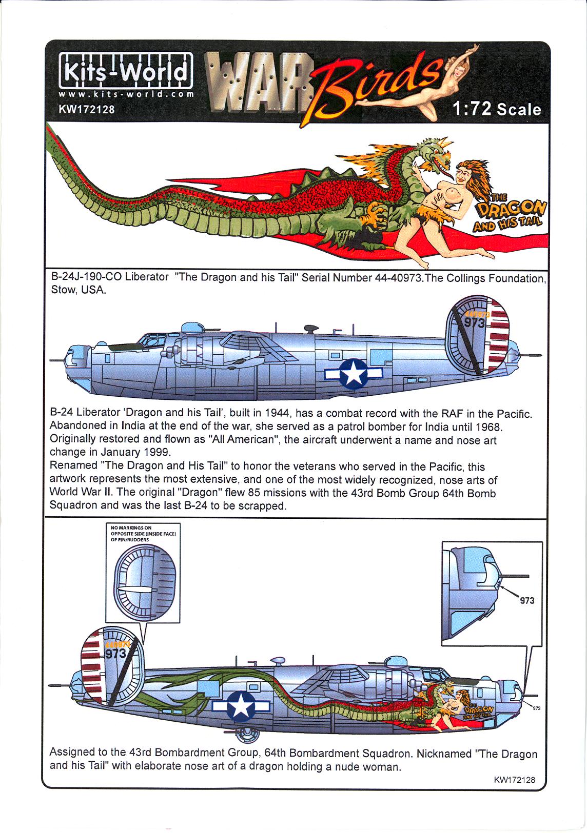 Kits World Decals 1/72 CONSOLIDATED B-24J LIBERATOR The Dragon And His ...